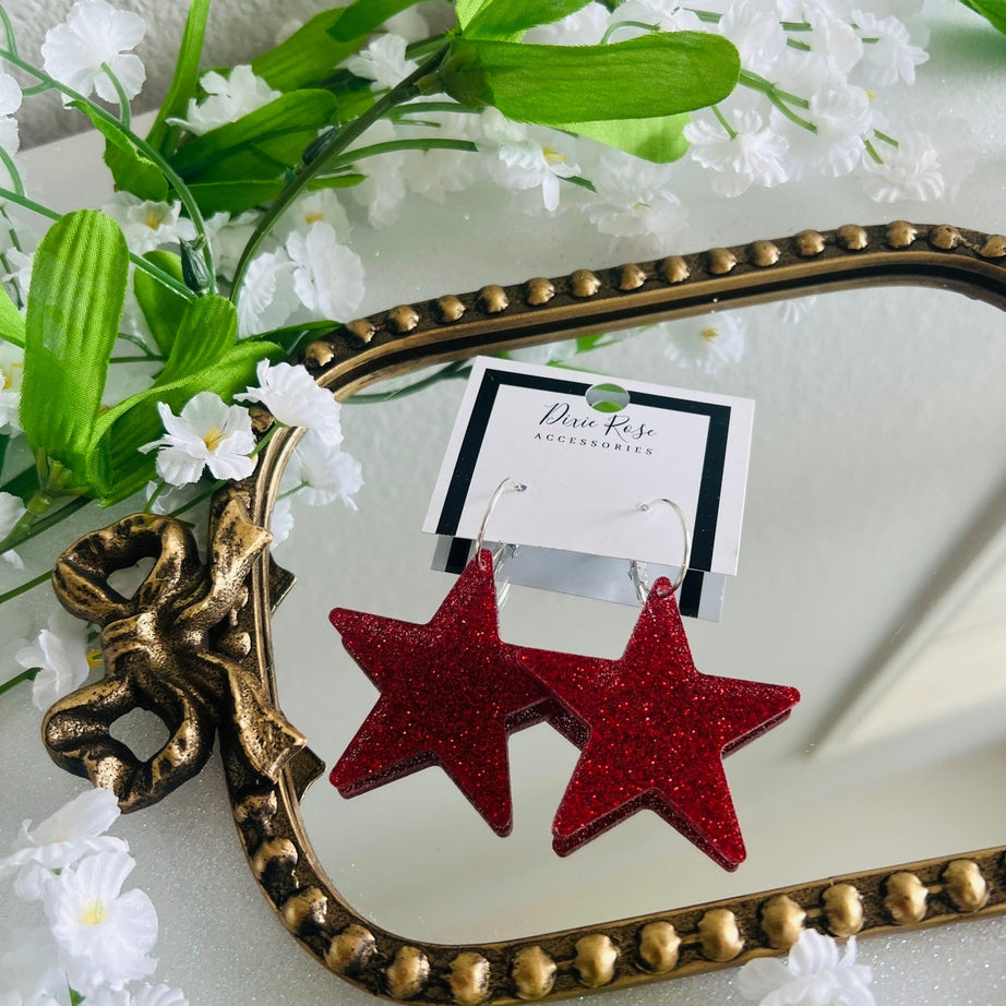 Glitter Red Statement Star Hoops - Dixie Rose