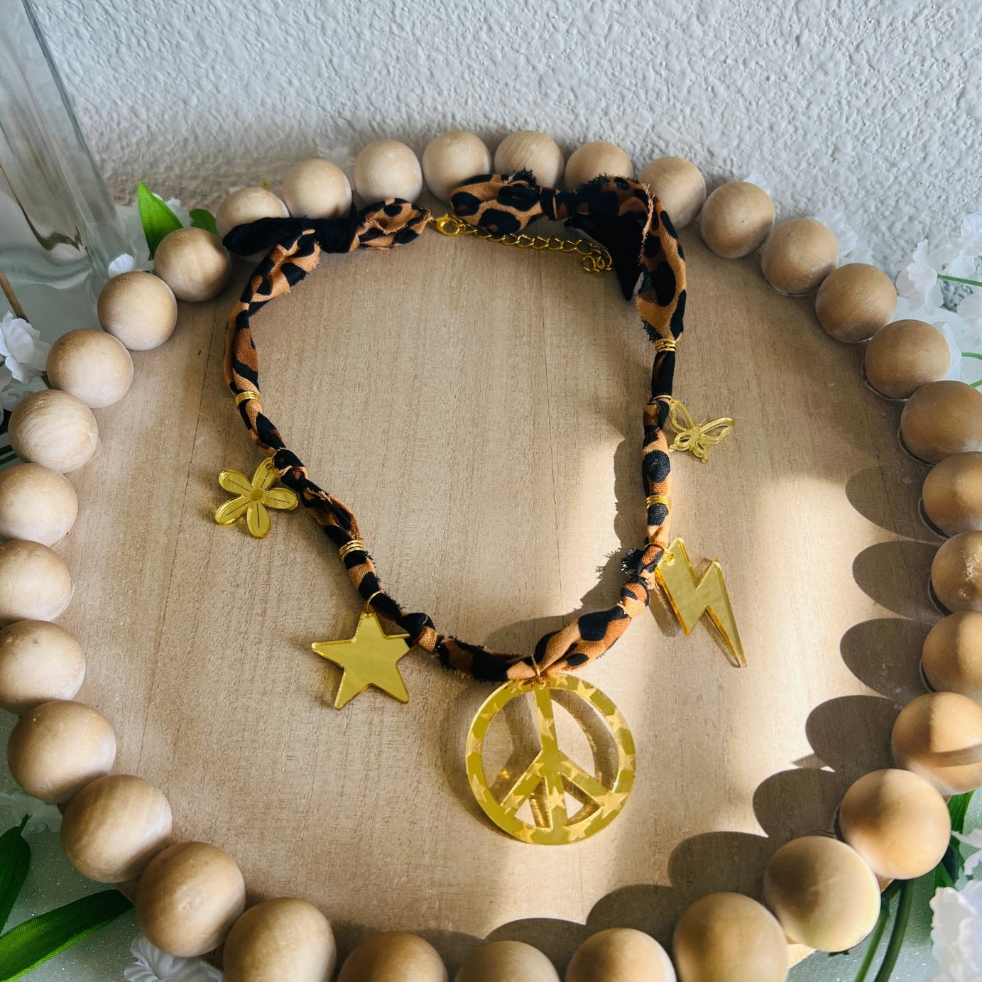 Peace Sign Leopard Bandana Charm Necklace - Dixie Rose