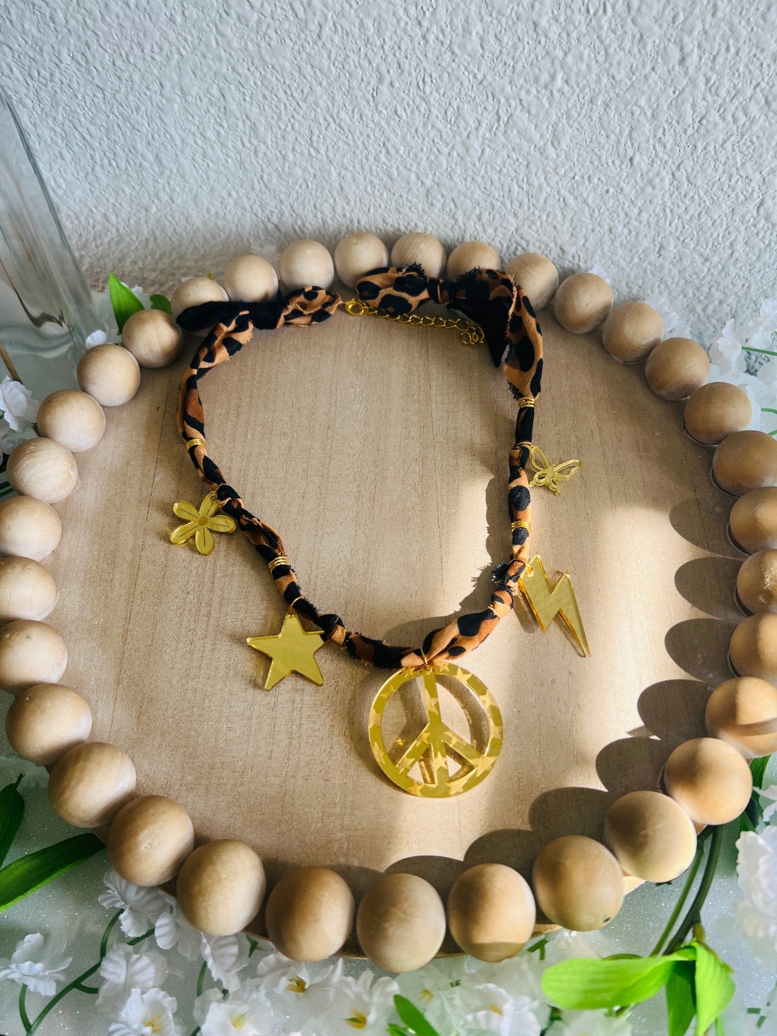 Peace Sign Leopard Bandana Charm Necklace - Dixie Rose