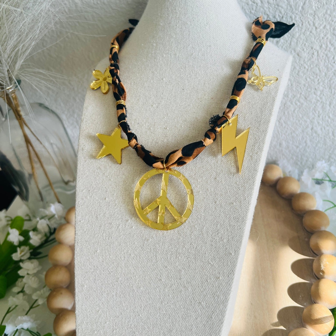 Peace Sign Leopard Bandana Charm Necklace - Dixie Rose