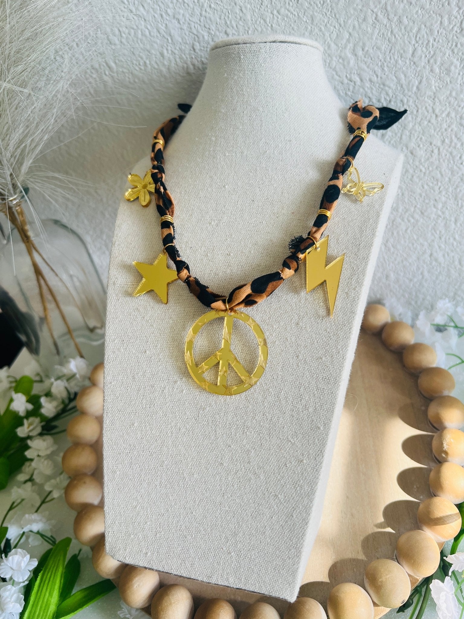 Peace Sign Leopard Bandana Charm Necklace - Dixie Rose